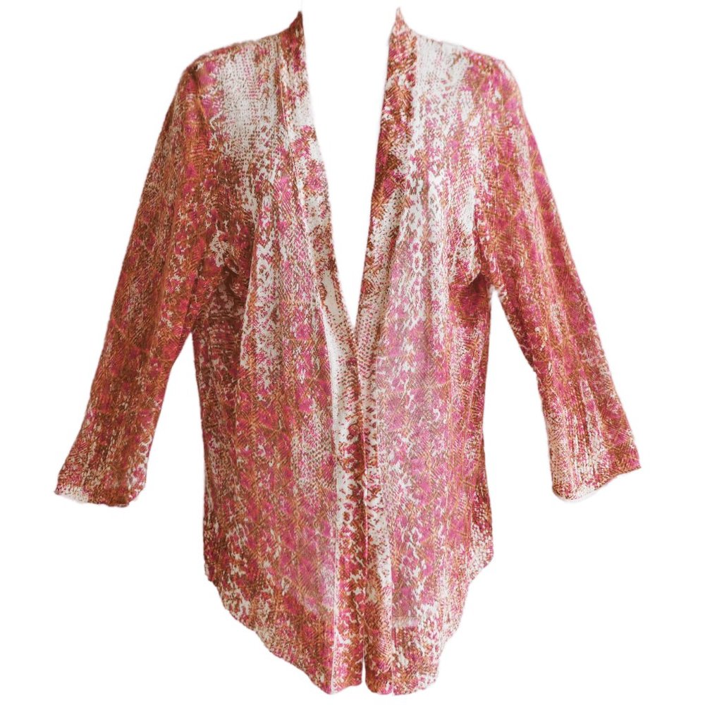 Linen Blend Nic Zoe Knit Cardigan Marled Pinks Button Front Ribbed Cuffs Hem XL